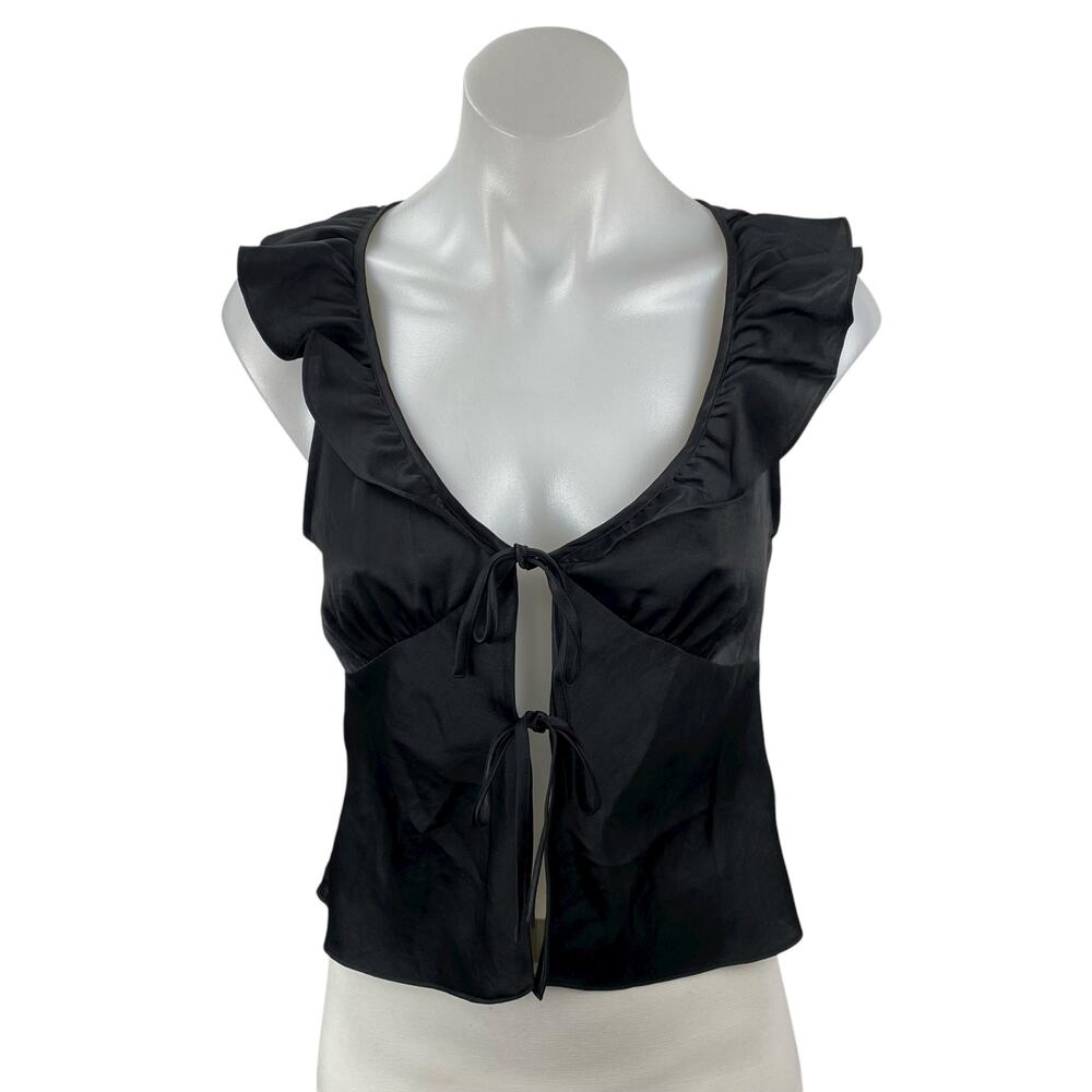 Aritzia Wilfred Tonka Satin Women's Black Ruffle Sleeveless Tie Blouse Top Sz XS